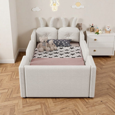 Twin Size White Upholstered Kids Floor Bed with Rabbit Cushions & Removable Safety Rails