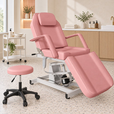 Fauteuil de soin du visage électrique à hauteur réglable avec tabouret à roulettes et coussin amovible - Rose