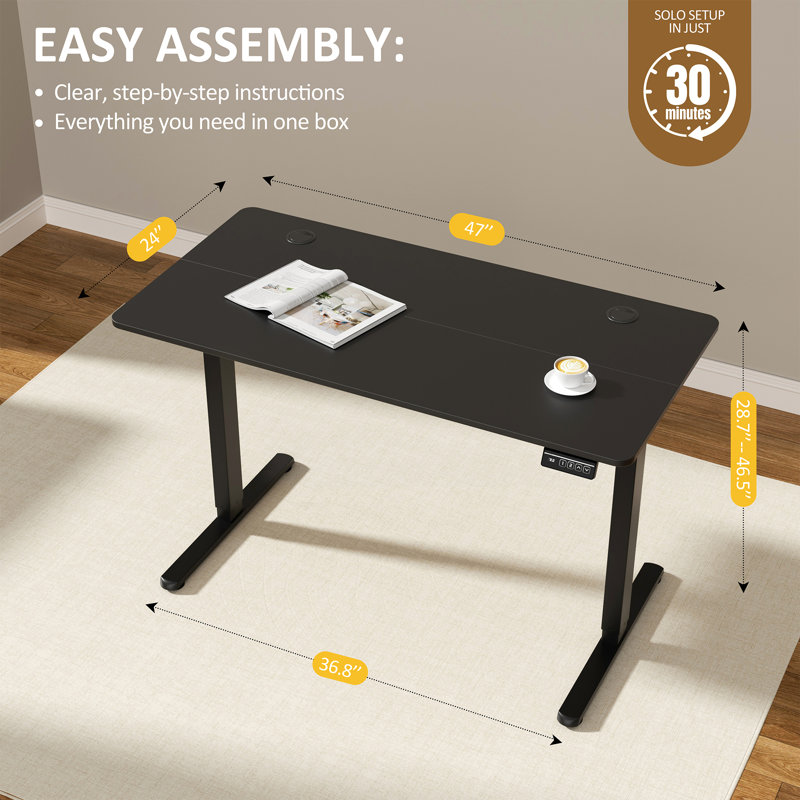 Bureau debout réglable électrique Oishee, Noir, noir, noir, noir, H 46,5 po x l 47 po x P 24 po