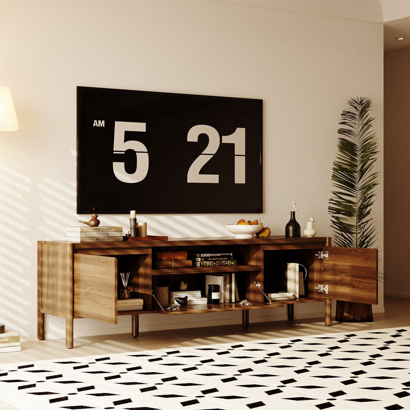 70.9'' Mid-Century Modern TV Stand With Storage Cabinets & Open Shelf, Solid Rubber Wood Frame And Thickened Top, Entertainment Center For Tvs Up To 75''