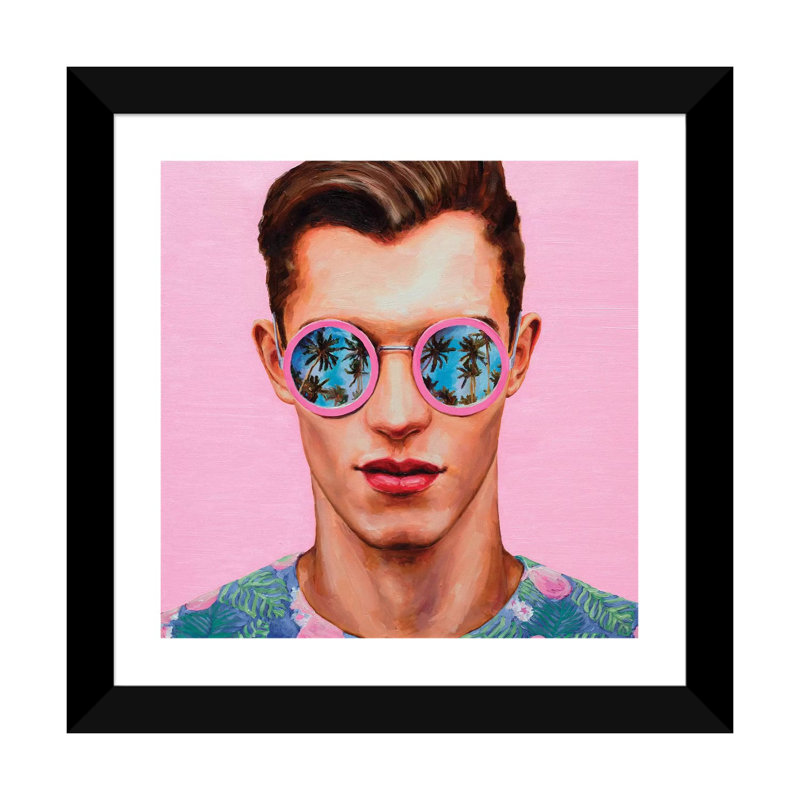 «Rose lunettes de soleil» - imprimé, H 16 po x l 16 po x p 1 po, Papier beaux-arts encadré noir