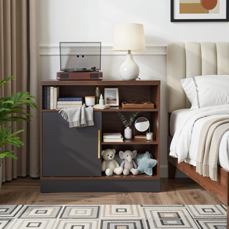 Armoire de rangement en bois l 31,5 po Adonia avec porte pour bureau personnel et tablettes ouvertes réglables, noyer noir