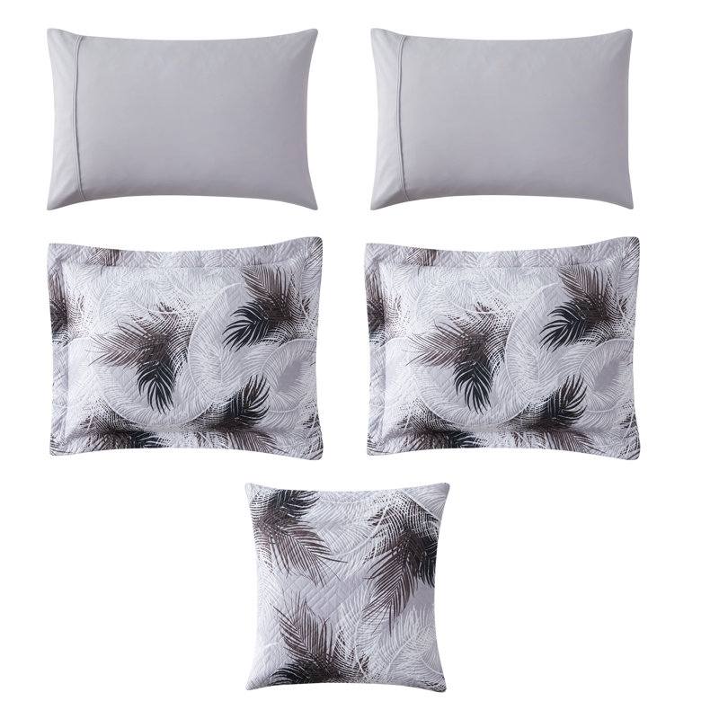 Gray Palm Leaf Microfiber Queen Bedspread Set