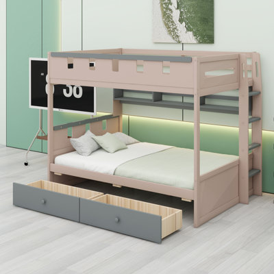 All-in-One Castle Design Bunk Bed with Pull-Out Drawers, Side Compartments, and Decorative LED Strip System