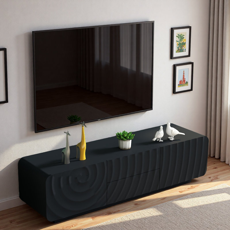 Meuble télé unique en forme de spirale avec armoires de rangement et 2 tiroirs, Noir