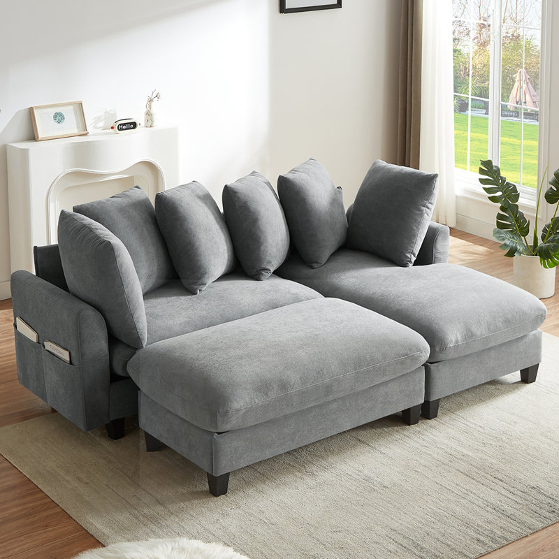 Sectional Sofa L-shaped Sofa Upholstered with Ample Storage Space, Movable Ottoman and Six Throw Pillows for Living Room