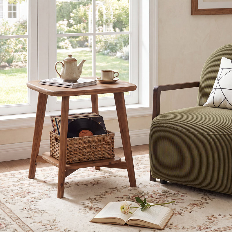Table d'appoint carrée en bois massif à 2 niveaux de style champêtre avec rangement, petite table de chevet pour salon ou chambre.