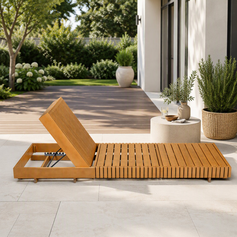 Chaise longue d'extérieur avec dossier réglable à 6 positions, bois d'acacia massif, couleur cuivre teck
