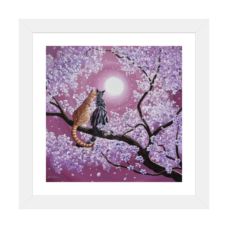 «Orange and Grey Tabby Cats in Cherry Blossoms» par Laura Iverson - reproduction d'art, H 24 po x l 24 po x P 1 po, Blanc