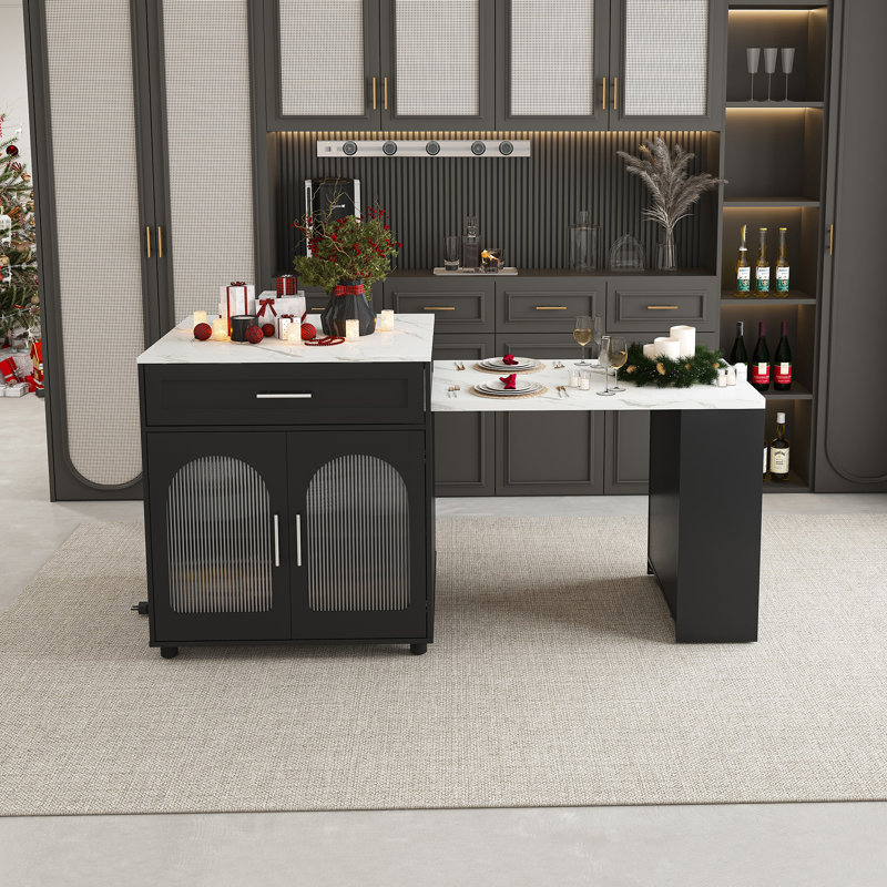 Îlot de cuisine extensible avec table de salle à manger, Blanc