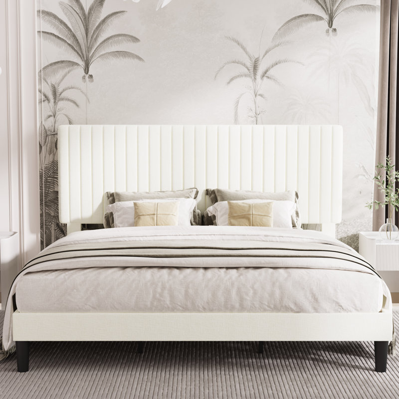 Dunphy Upholstered Platform Bed with Adjustable Headboard, King, Warm White
