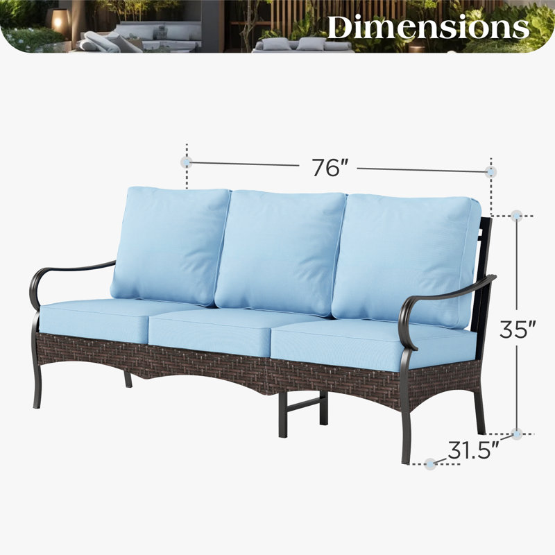 Canapé d'extérieur en métal 76 po avec coussins, Bleu