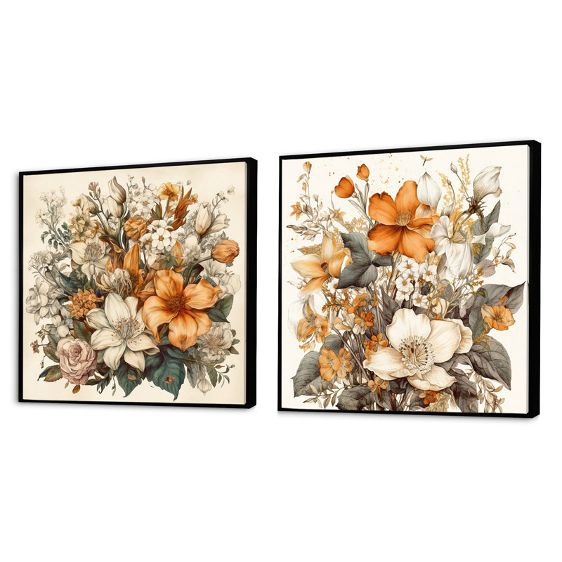 Traduction libre: Bouquet de fleurs crème et orange, Cadre flottant noir, H 36 po x l 73 po