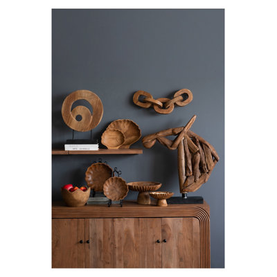 Cuvette en bois de teck sculpté à la main, centre de table décoratif 7,9 po avec finition brun naturel