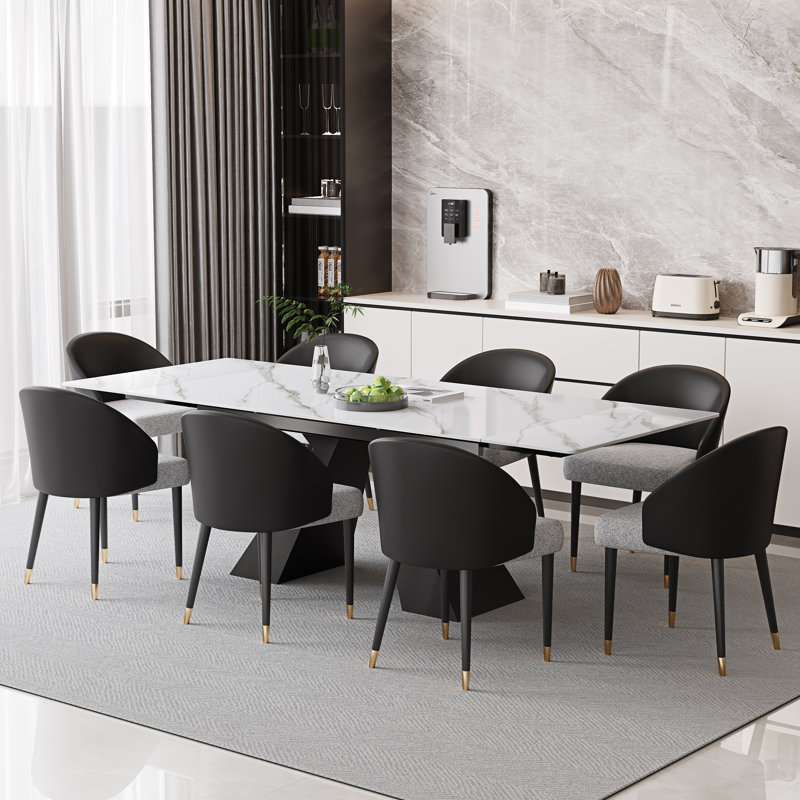 94.5”  Extendable Dining Table Set With Rectangular Sintered Stone Top And 8 Faux Leather Chairs, Black/Gray