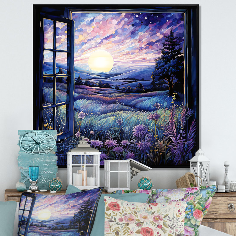 Lavande Horizon Country Side Windows IV - Farmhouse Windows, art mural, Cadre flottant noir, H 16 po x l 16 po