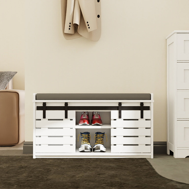 Double Door Shoe Storage Bench with Cushion 2-Tier Entryway Organizer with Sliding Barn Doors
