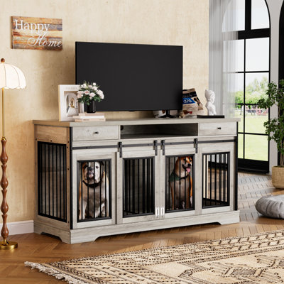 Très grande armoire pour chien avec cage de 66 po, cage de bout avec tiroirs, table de bout, gris