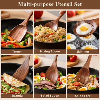 Ensemble 12 pièces d'ustensiles en bois de teck naturel pour la cuisson, cuillères en bois antiadhésives avec prise confortable, ustensiles de cuisine résistants à la chaleur