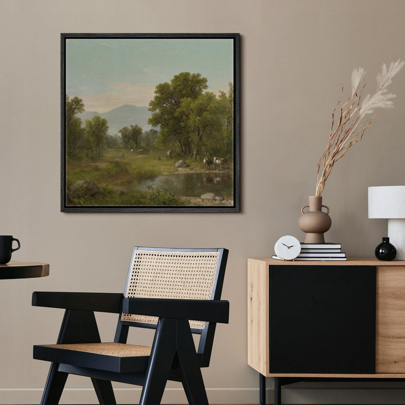 Bovin Bucolique par la rivière, reproduction d'art sur toile, Toile noire, H 16 po x l 16 po