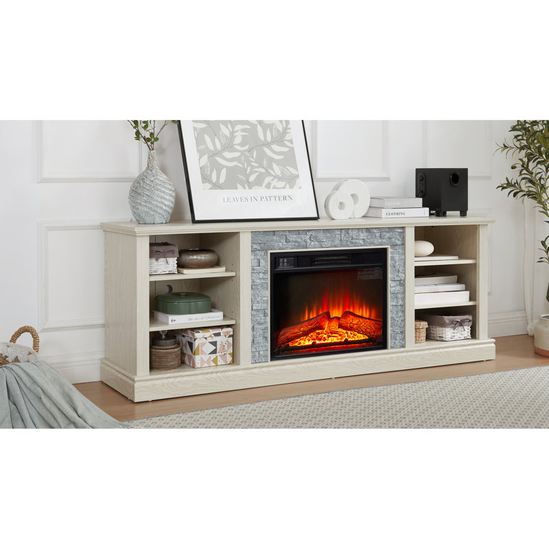 Grand support de télévision en faux pierre avec foyer de 23 po et beaucoup de rangement, blanc, s'adapte à la console de télévision de 75 po et offre beaucoup d'espace de rangement.