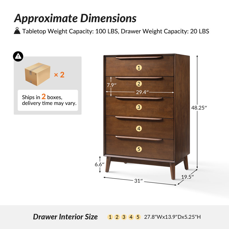Aviannah Mid-Century Modern 5 - Drawer Dresser with Solid Wood Legs and Divided Drawer, Walnut