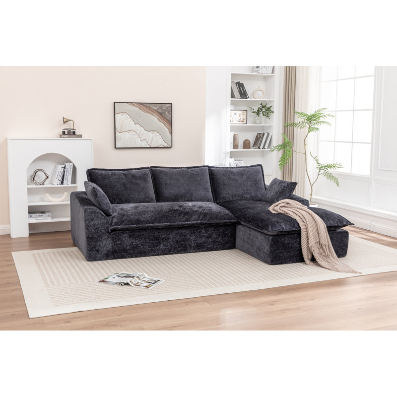 Canapé modulaire en L en chenille de 103 po avec méridienne Boneless Clary, Orienté à droite, Noir