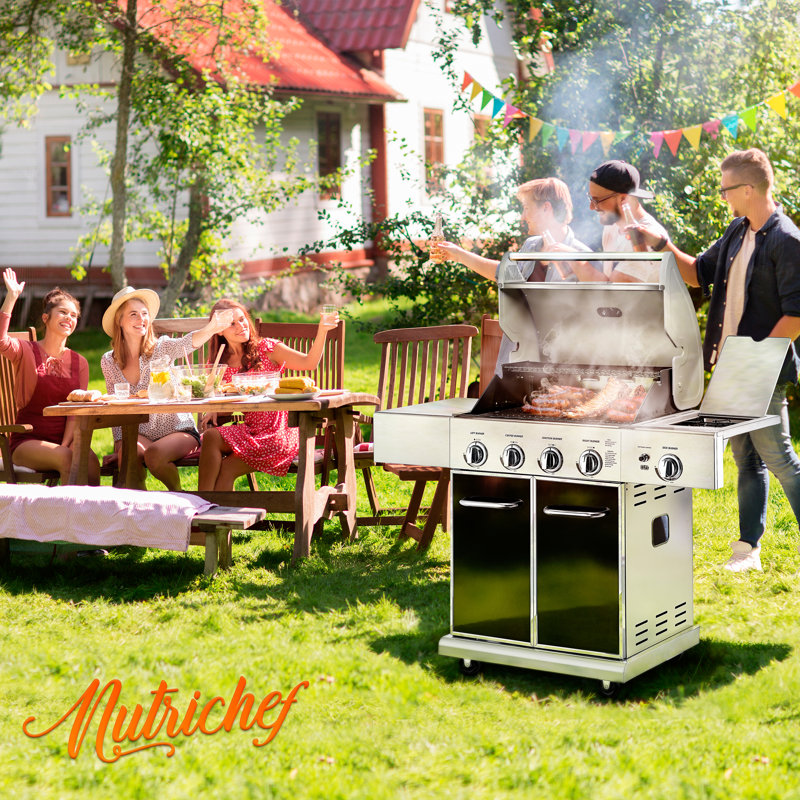 Barbecue au propane en acier inoxydable robuste à 5 brûleurs NutriChef, capacité de cuisson de 52 000 BTU