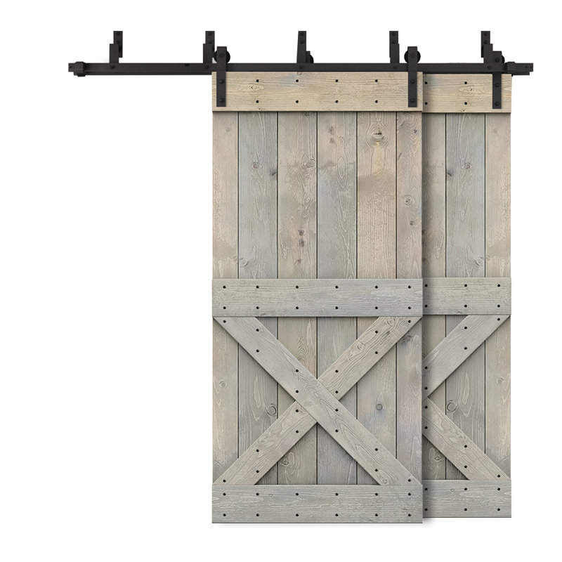 Porte de grange à double bricolage avec panneau coulissant en bois teinté Mini X Series, 44 po x 84 po, Gris fumée