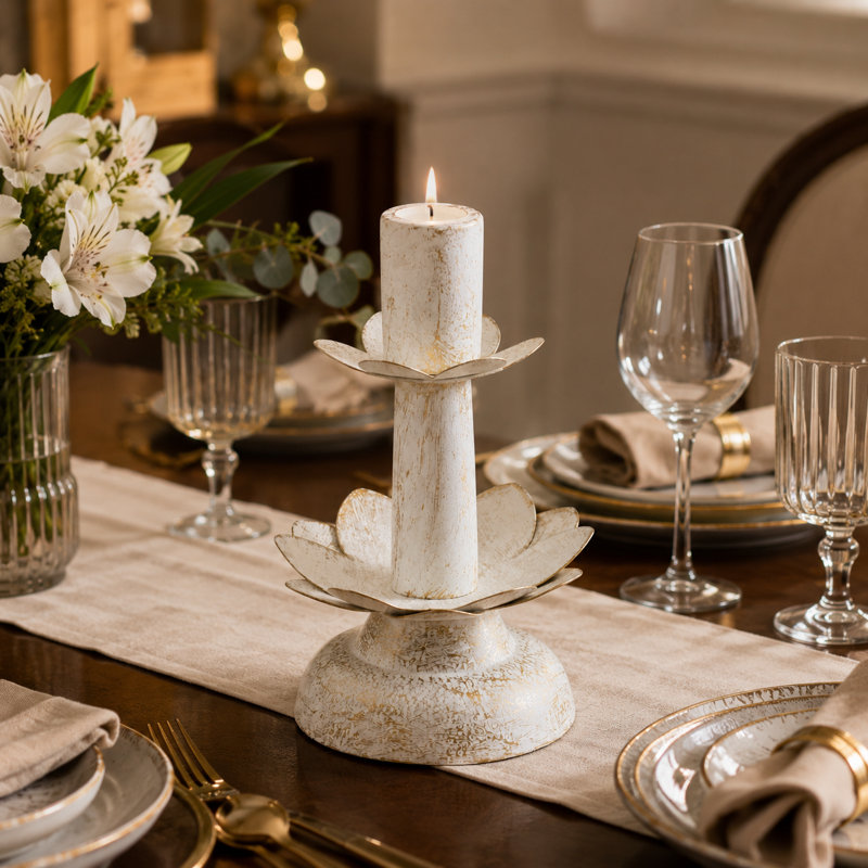 Metal Tabletop Candlestick, 8" H x 5" W x 5" D, White