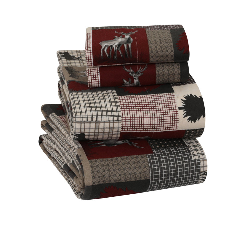 Full Gray and Red Cotton Flannel Plaid Sheet Set