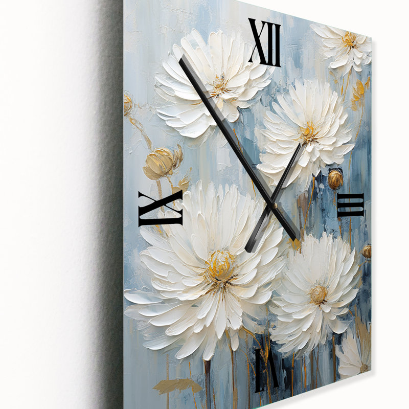 White And Blue Chrysanthemums Painted Ink III - Chrysanthemums Wall Clock Oversized, Extra Large