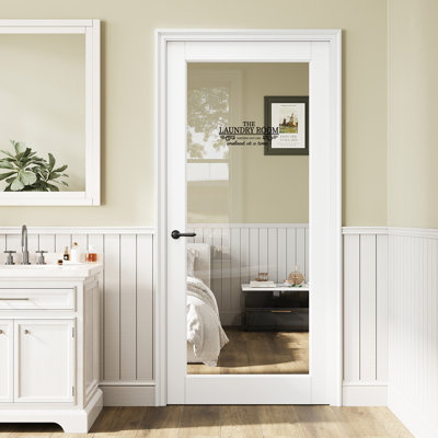 Interior 1-lite clear glass laundry door slab white primer solid manufactured wood standard size slab door