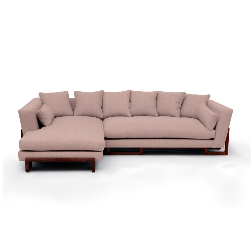 LRG Upholstered L-Shaped Sectional Left Hand Facing, Blush Linen Blend, Left Side Tray, Solid Walnut