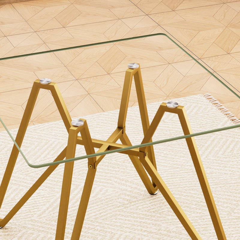 Table de salle à manger 35,4 pouces carrée en verre doré pour la chambre ou le salon, petites cuisines au design compact, bureau trempé lisse et imperméable, avec surface à gratter