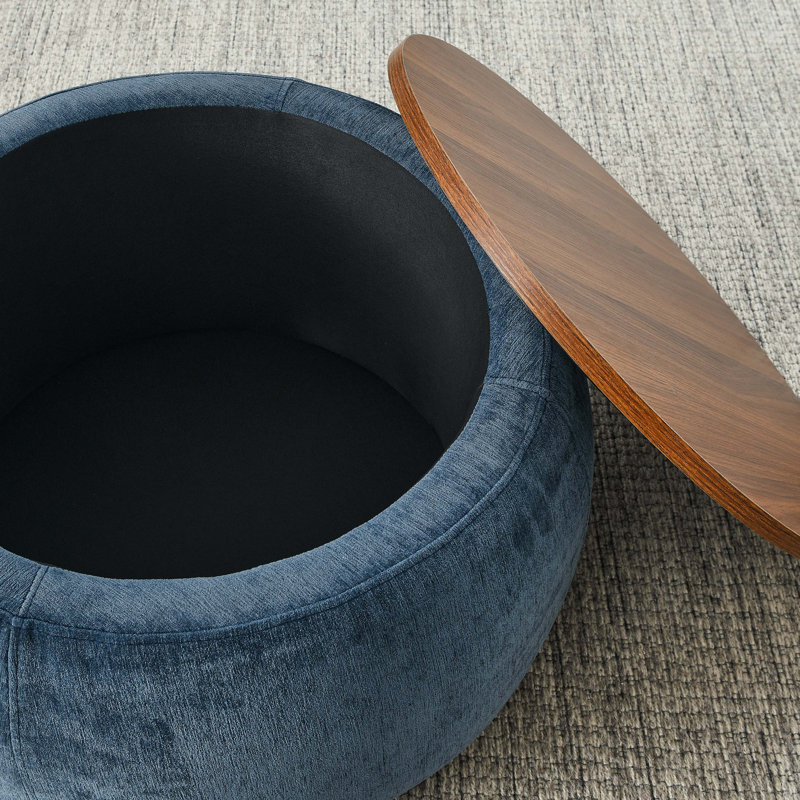 Burditt Round Fabric Upholstered Storage Ottoman, Dark Blue