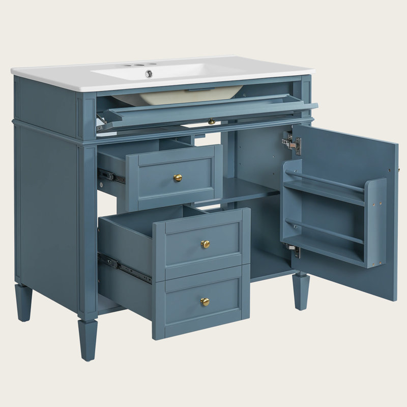 Meuble-lavabo moderne avec lavabo, 2 tiroirs, tiroir basculant, armoire de rangement, Doré, Indigo, 36"