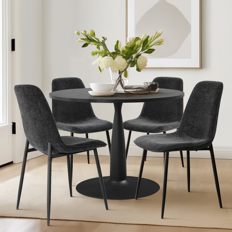 Ensemble de salle à manger rond 5 pièces Folmar l 35 "avec finition brillante et chaises en chenille, Gris foncé