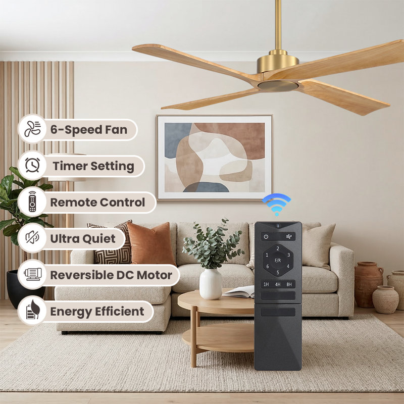 4-Solid Wood Blades Indoor Standard Ceiling Fan with Remote Down-Rod Mount, 48inch, NAB Gold, Beechwood color