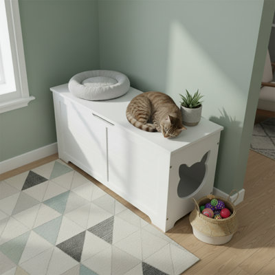 Enceinte de litière pour chat à entrée supérieure l 39 po - Finition blanche - À l'épreuve des chiens et peut servir de banc