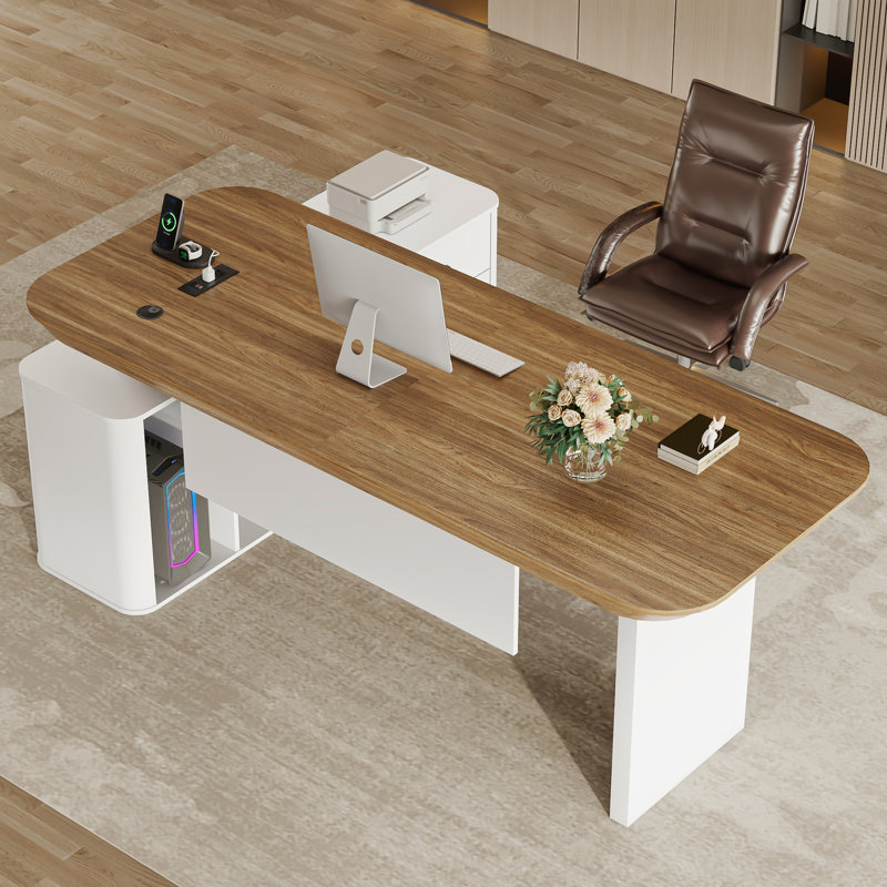 Grand bureau de direction en L de 78,7 po avec prise de courant, grand bureau avec tiroirs, tiroirs à dossiers, armoire de rangement, plateau de table épais de 1,8 po, grand bureau d'ordinateur pour le bureau personnel, blanc et noyer