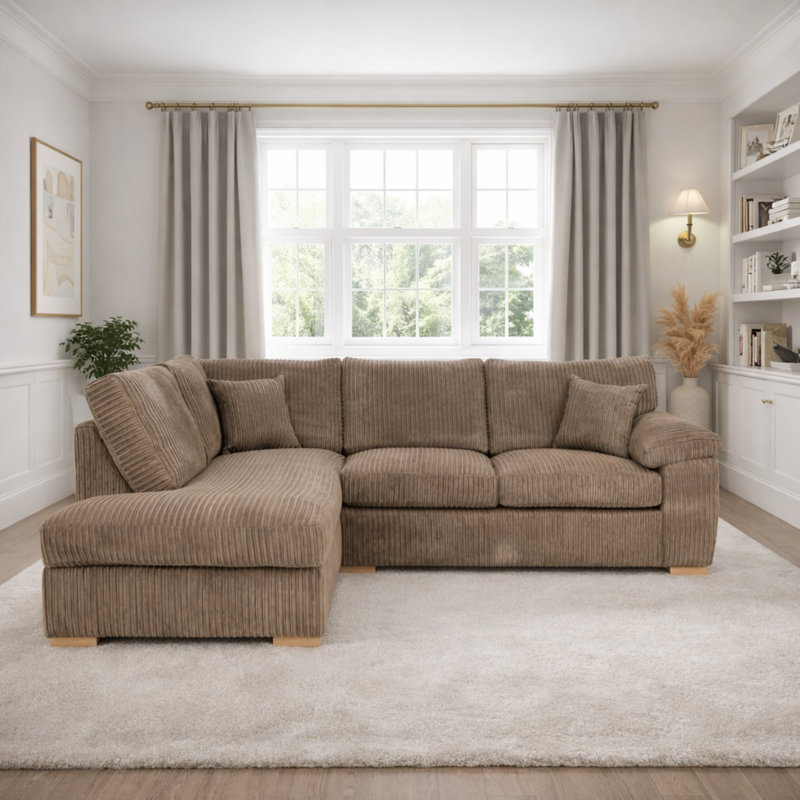 4 Seater Corduroy Sofa & Chaise, Beige, Left Hand Facing