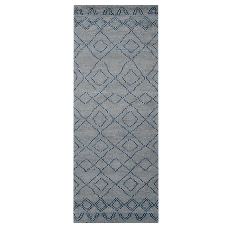 Light Blue Wool Handmade Geometric Hand Knotted Runner Indoor Area Rug, Runner 2'6" x 10'