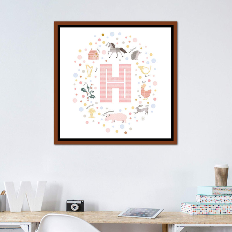 Lettre illustrée H rose - impression, Pas de tapis, Toile avec cadre brun, H 37 po x l 37 po x P 1,5 po