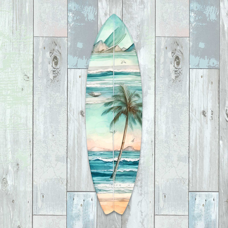 Small Tropical Palm Surfboard Coastal Wall Art in Birchwood