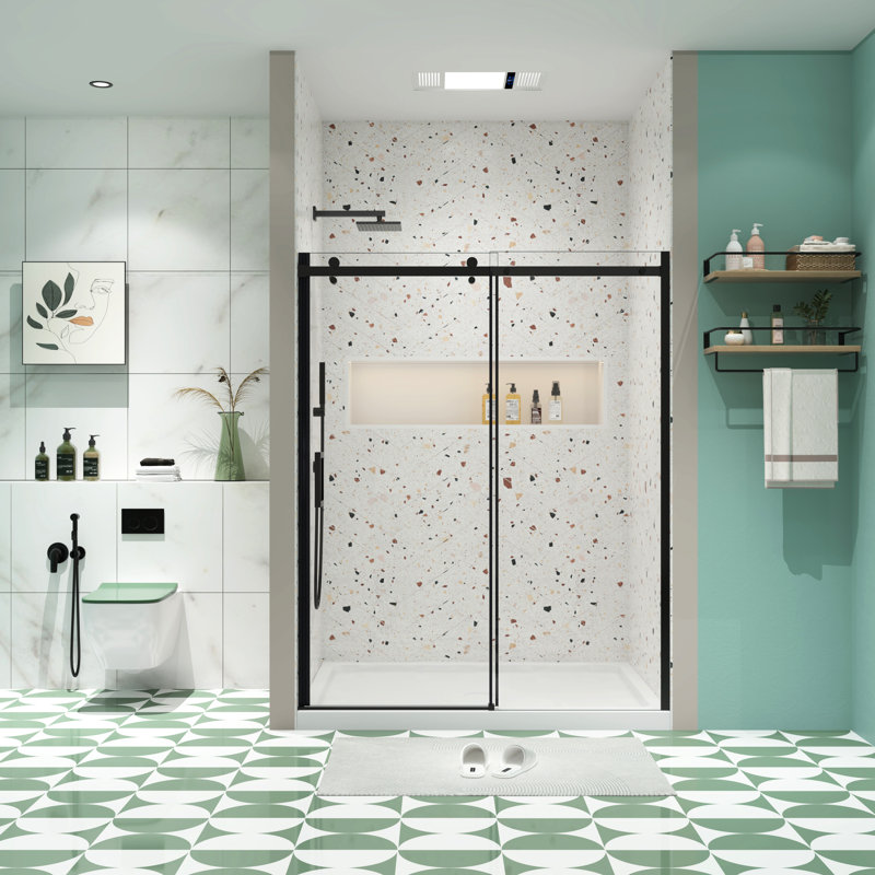 Sliding Shower Door For Bathroom - 5/16" Tempered Glass, Matte Black, Adjustable Channel With Glass Leak & Easy Installation