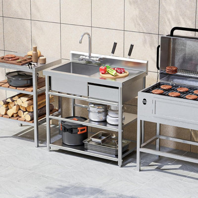 36 In. Stainless Steel Freestanding Single Bowl Sink Laundry/Utility Sink In Silver With Drawer & Hanging Hook