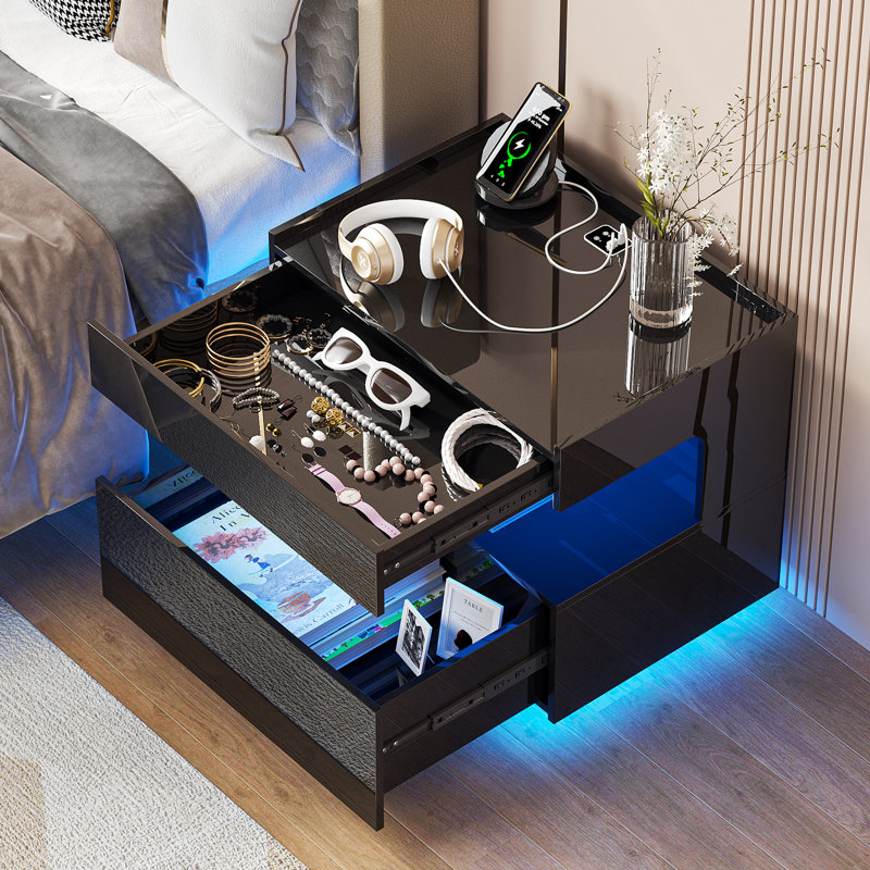 Modern LED Bedside Table with Motion Sensor Light, High Gloss Nightstand with Open Shelf and Drawer, Black