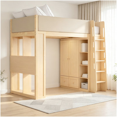 Lit mezzanine simple en bois massif avec garde-corps en polyuréthane entièrement rembourré, lit haute avec garde-robe intégrée, tiroirs, tablettes à plusieurs niveaux et lumières DEL ambiantes, couleur bois