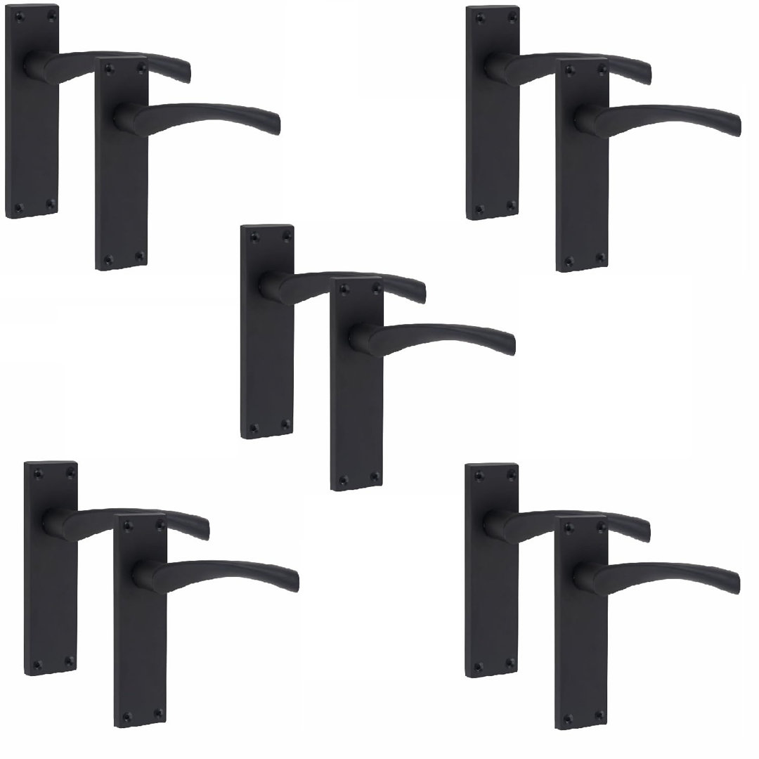 5 Pairs Victorian Scroll Astrid Door Handles Latch in Matt Black Finish - 150mm x 40mm Backplate